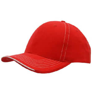 A red cap with contrasting white stitching and an open lip sandwich design, featuring a logo.