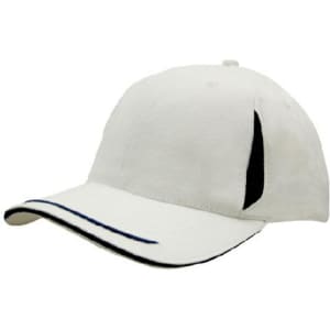A white cap with a black peak trim, crown inserts, and sandwich details. It features a logo on the side.