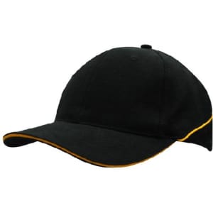 A black cap featuring crown piping in yellow along the brim, with a logo present.
