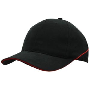 A black cap with red crown piping and sandwich brim, featuring a logo or branding.