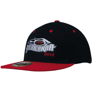 A black and red cap featuring a logo and embroidery, designed with a flat brim and structured fit.