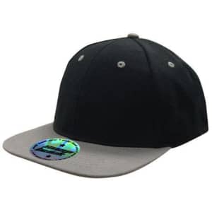 A cap featuring a two-tone design in black and grey, with a circular logo on the brim.