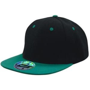 A two-tone cap featuring a black body and a green brim, with a branded logo on the front.
