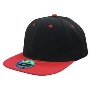 A black and red two-tone cap with a flat brim and an attached logo.