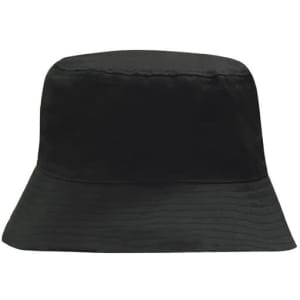A black breathable poly twill bucket hat with a wide brim and a simple design. It features a logo on the side.