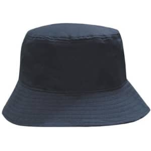 A breathable poly twill bucket hat in navy blue, featuring a simple design and a logo on the side.