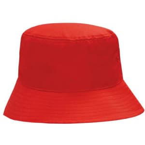 A red breathable poly twill bucket hat with a wide, classic brim and a smooth exterior. Contains a logo.