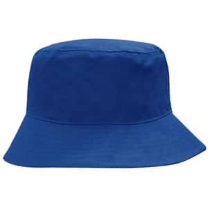 A breathable poly twill bucket hat in blue, featuring a simple design and a logo on the side.