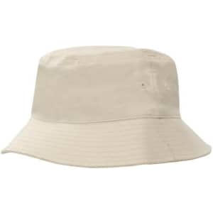 A breathable poly twill bucket hat in beige, featuring a wide brim and ventilation holes. Includes a logo.