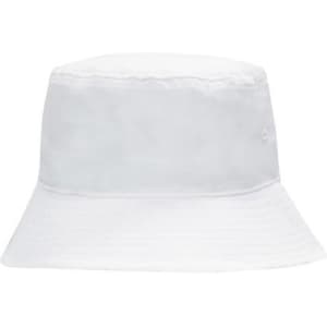 A white breathable poly twill bucket hat with a wide brim and a small logo on the side.