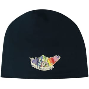 A rolled down cotton beanie in black featuring a logo in vibrant colours.