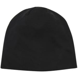 A black cotton beanie toque with a smooth finish. It features a simple design and has a logo.