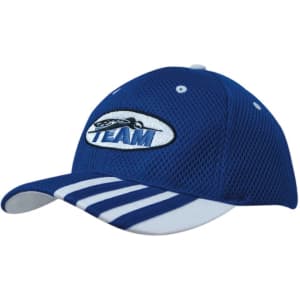 A blue mesh cap with a striped white peak and an embroidered logo on the front.