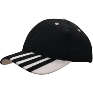 A black sandwich mesh cap featuring white striping on the peak and a logo on the side.