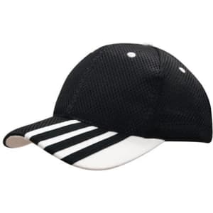 A black cap with a mesh design and white stripe detailing on the peak, featuring a logo on the front.
