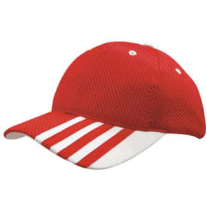A red mesh cap with white striping on the peak and a logo on the front.