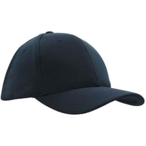 A navy baseball cap with a curved peak, featuring a logo on the front.