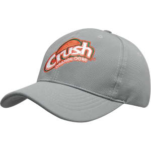 A grey cap with an embroidered logo featuring the word "Crush" and an orange design.