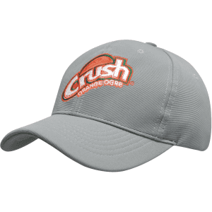 A grey cap featuring a prominent logo. The material appears to be twill, suitable for headwear.
