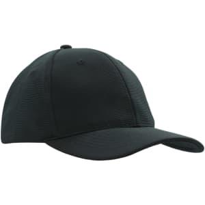 A black cap with a curved brim, featuring a textured twill fabric and a logo on the front.