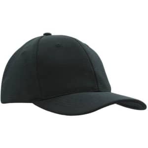 A black cap with a structured design and a curved brim, featuring a logo on the front.