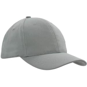 A grey cap with a smooth texture and a curved brim, featuring a logo on the side.