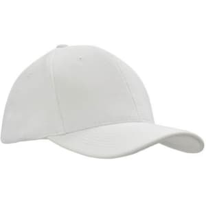 A white cap with a curved brim, featuring a rounded crown and a logo.