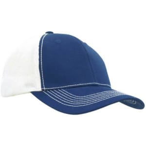 A blue cap with a hi-tech mesh back, featuring white mesh sides and contrasting stitching. It has a logo on the front.