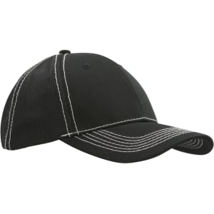 A black cap featuring a hi-tech mesh back and contrasting white stitching. It has a logo on the front.