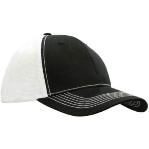 A black cap with a white mesh back and contrasting stitching, featuring a branded logo.