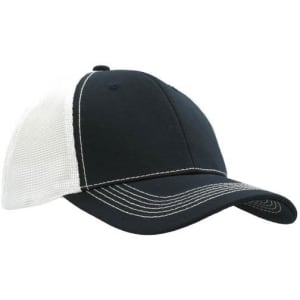 A navy blue cap with a high-tech white mesh back and contrasting stitching details. It features a logo or branding.
