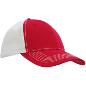 A red cap featuring a hi-tech mesh back and contrast stitching, also displaying a logo.