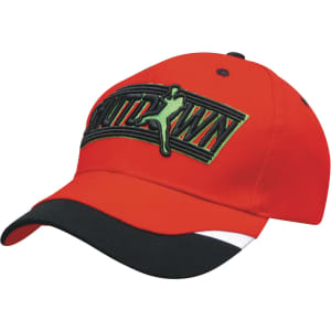 A red cap with a black peak, featuring an embroidered logo and a printed trim.