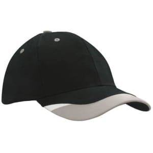 A black cap with a grey peak insert and printed trim, featuring ventilation eyelets and a logo.