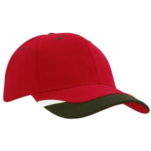 A red cap with a green peak, featuring a logo on the front.