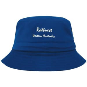 A blue bucket hat with a branded logo and embroidered text. It features a wide brim for sun protection.