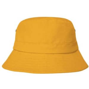 A yellow bucket hat with a wide brim, featuring a logo on the side.