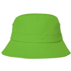A bright green children's bucket hat with a simple design, featuring a logo.