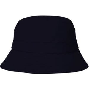A navy blue child's bucket hat with a wide brim and a band around the crown, featuring a logo.