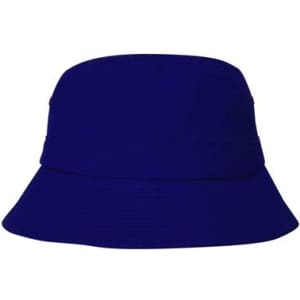 A blue brushed sports twill bucket hat with a wide brim and a subtle logo.