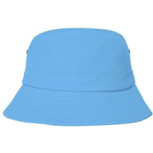 A blue child's bucket hat featuring a wide brim, designed for comfort and style, with a logo on the side.