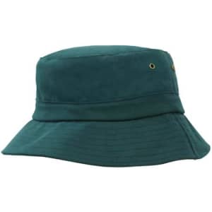 A brushed sports twill child’s bucket hat in teal, featuring a logo and a wide brim for sun protection.