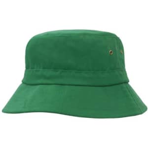 A green bucket hat with a wide brim and ventilation eyelets, featuring a logo on the side.