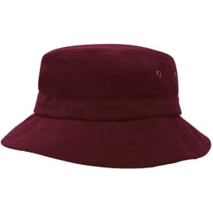 A maroon bucket hat with a wide brim and a subtle logo. Made from a brushed sports twill material.