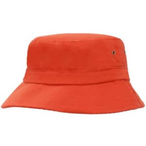 An orange brushed sports twill bucket hat with a wide brim and a logo on the side.