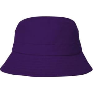 A purple brushed sports twill child's bucket hat with a flat top and wide brim. It features a logo.