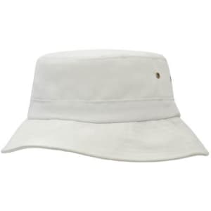 A white child's bucket hat made from brushed sports twill, featuring a small logo on the side.