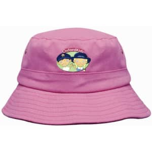 A pink infants bucket hat featuring a logo and playful graphics, designed for sun protection.