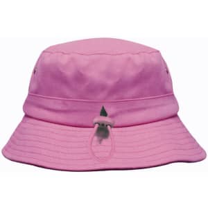 A pink brushed sports twill bucket hat featuring a branding logo and metal eyelets for ventilation.