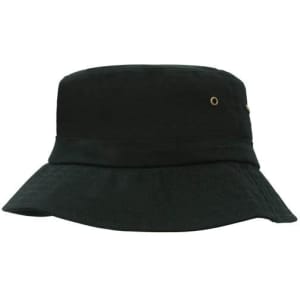 A black infants bucket hat with a wide brim and eyelets, featuring a simple design.